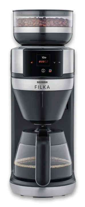Severin - FILKA 2.0, Vollautomat für Filterkaffee, 5-in-1 Filterkaffeemaschine mit LED-Display, Mahlwerk, Dauerfilter & Glaskanne, nur 17 cm breit,
