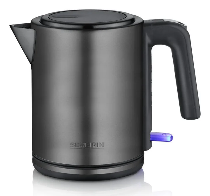 Severin - Wasserkocher mit Fast-Boil-Power und Kalkfilter, 1 L Fassungsvermögen, Einhandbedienung, Teekocher mit 360° drehbaren Sockel, dark inox, schwarz,