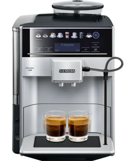 Siemens - Kaffeevollautomat EQ6 plus s300, Milchsystem, 11 Getränke, automatische Reinigung des Milchsystems, Keramikmahlwerk, großes Touchdisplay, Silber,
