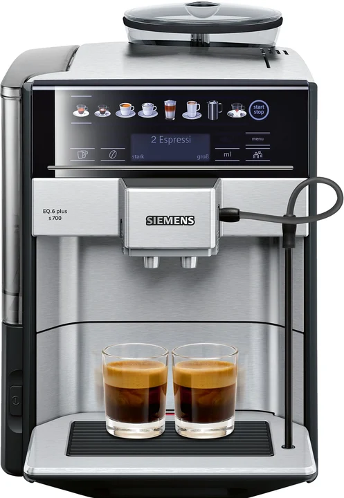 Siemens - Kaffeevollautomat EQ6 plus s700, Milchsystem, 12 Getränke, automatische Reinigung des Milchsystems, Keramikmahlwerk, großes Touchdisplay, Edelstahl,