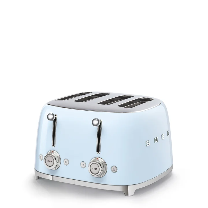 SMEG - Toast 4x4 TSF03PBEU, 4 Fächer für 4 Scheiben, 6 Stufen vergoldet, Heizfunktion, Abtau- und Bagel- Funktion, 2 Krümelbehälter, 2000W, Blau