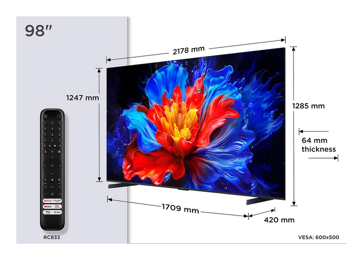 TCL - 98P8K 98 Zoll QLED 4K HDR UHD Fernseher, Smart Google TV (Dolby Vision & Atmos, 144Hz Motion Clarity Pro, FreeSync, Onkyo 2.1 Sound, Sprachsteuerung,