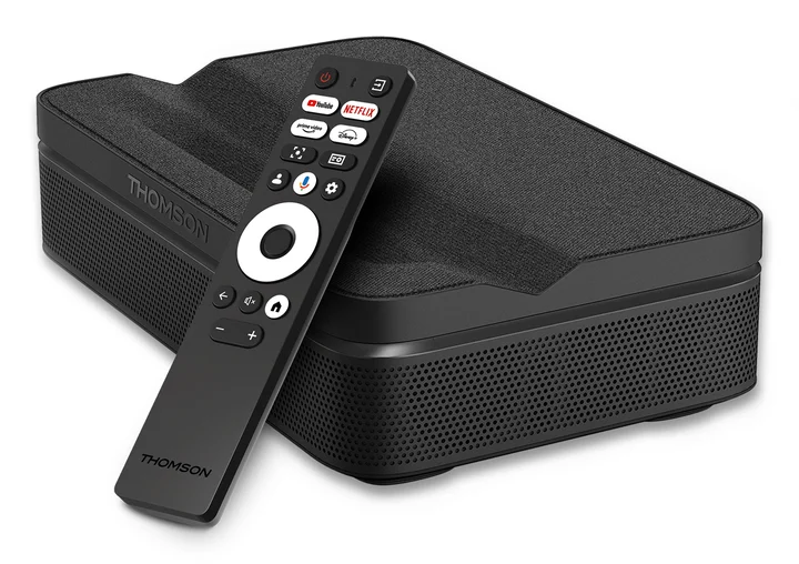 Thomson - Sirius PG55B Tragbarer Smart-Laserprojektor mit Google TV, integriertem Akku, Ultra-Kurzdistanz, 600 ANSI Lumen, HDR10+, Dolby Audio, Autofokus, WLAN,