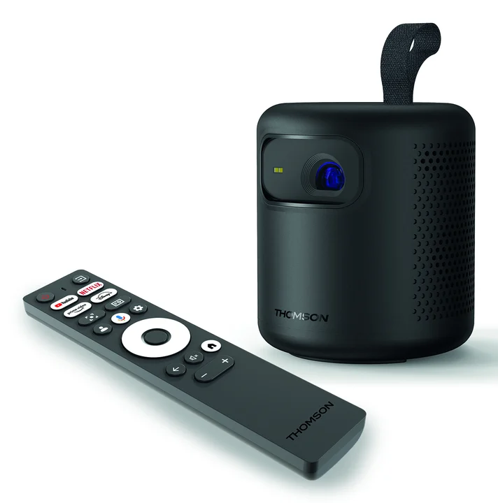 Thomson - Vega PG35B Intelligenter Tragbarer Projektor mit Google TV, Integriertem Akku, WLAN, Bluetooth, 350 ANSI Lumen, HDR10, Dolby Audio, Autofokus,