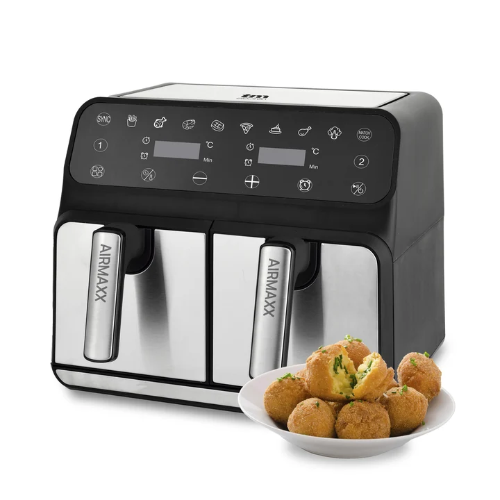 TM Electron - TMPFR200 AIRMAXX Ölfreie Fritteuse mit Doppelfach, 8L Gesamtkapazität (4L+4L), SYNC- und MATCHCOOK-Funktionen, Antihaftbeschichtung, 8 Programme,