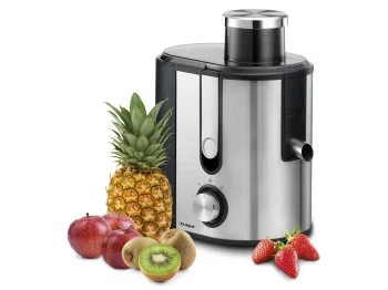Trisa - Entsafter - Profi Juicer Maschine, Große Öffnung, Automatische Saft- & Trestertrennung, Edelstahlfilter, 2 Geschwindigkeiten, 350ml Saftbehälter,
