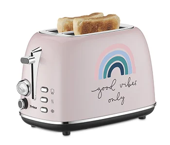 Trisa - Toaster 2 Scheiben "Good Vibes" Graffiti Print, 6 Bräunungsstufen, 3 Funktionstasten, Ausziehbar Krümel-Schublade, Toasterlift