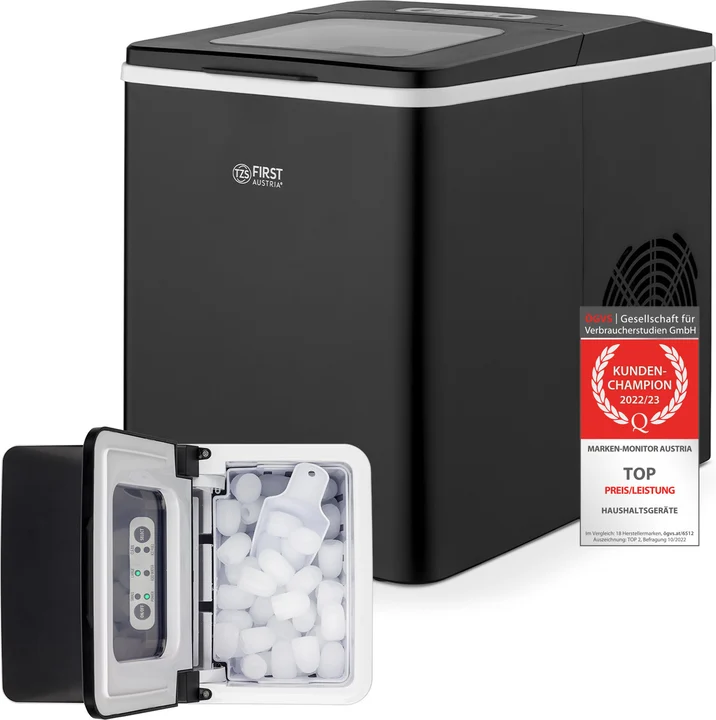 TZS First Austria - Eiswürfelmaschine - Ice Cube Maker - 9 Würfel in 7-9 Minuten | Würfel S/L | 12 kg 24 Std | Ice Cube Maker | Eiswürfelbereiter 1,8 L Wassertank, 150W -