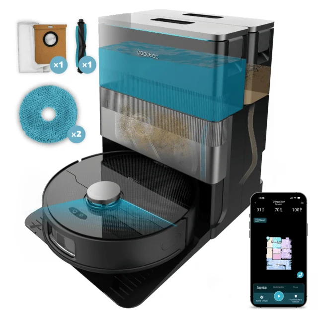 ungsroboter mit KI und autarker Basis Conga X70. 15000Pa Saugmotor, 4-in-1 Basis, Lasertechnologie, rotierende Mopps, Seitenbürste, App und Bluetooth
