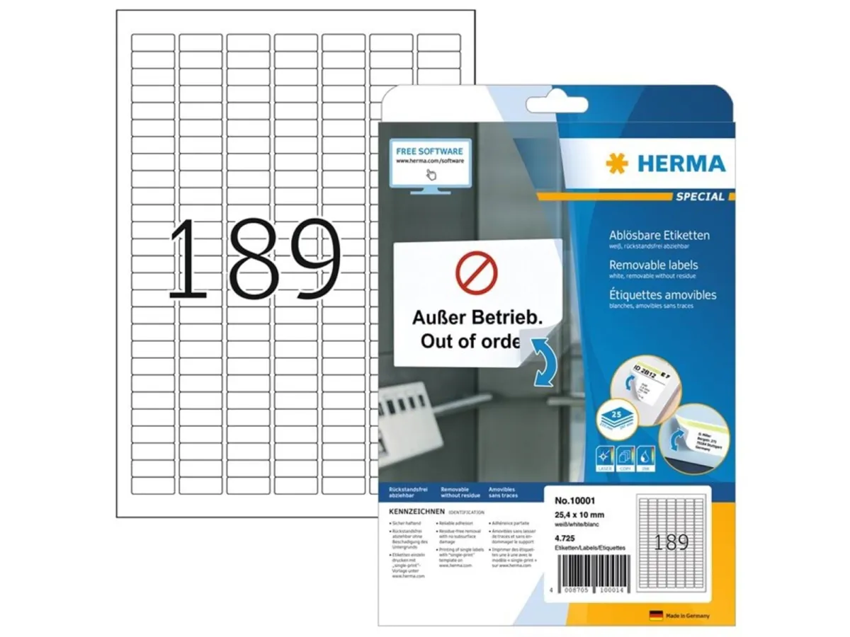 HERMA Ablösbare Etiketten A4, 25,4 x 10 mm, weiß