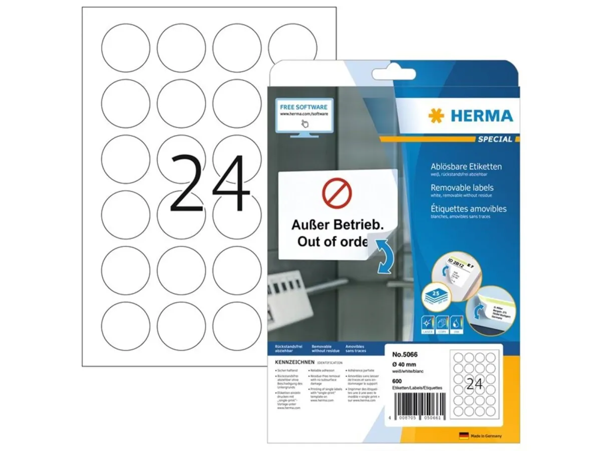 HERMA Ablösbare Etiketten A4, Ø 40 mm, rund, weiß