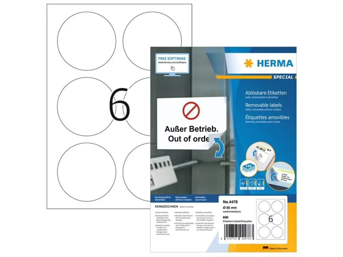 HERMA Ablösbare Etiketten A4, Ø 85 mm, rund, weiß