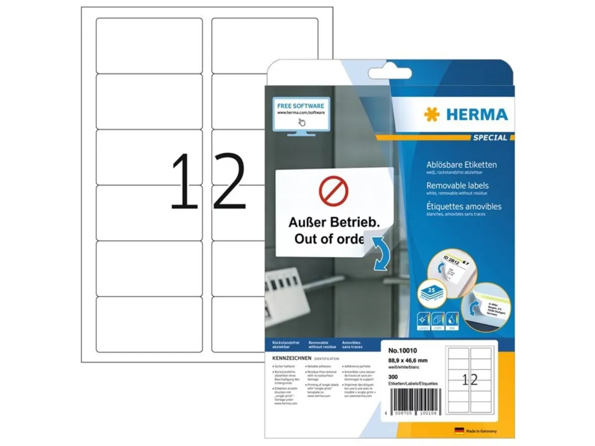 HERMA Ablösbare Etiketten A4, 88,9 x 46,6 mm, weiß