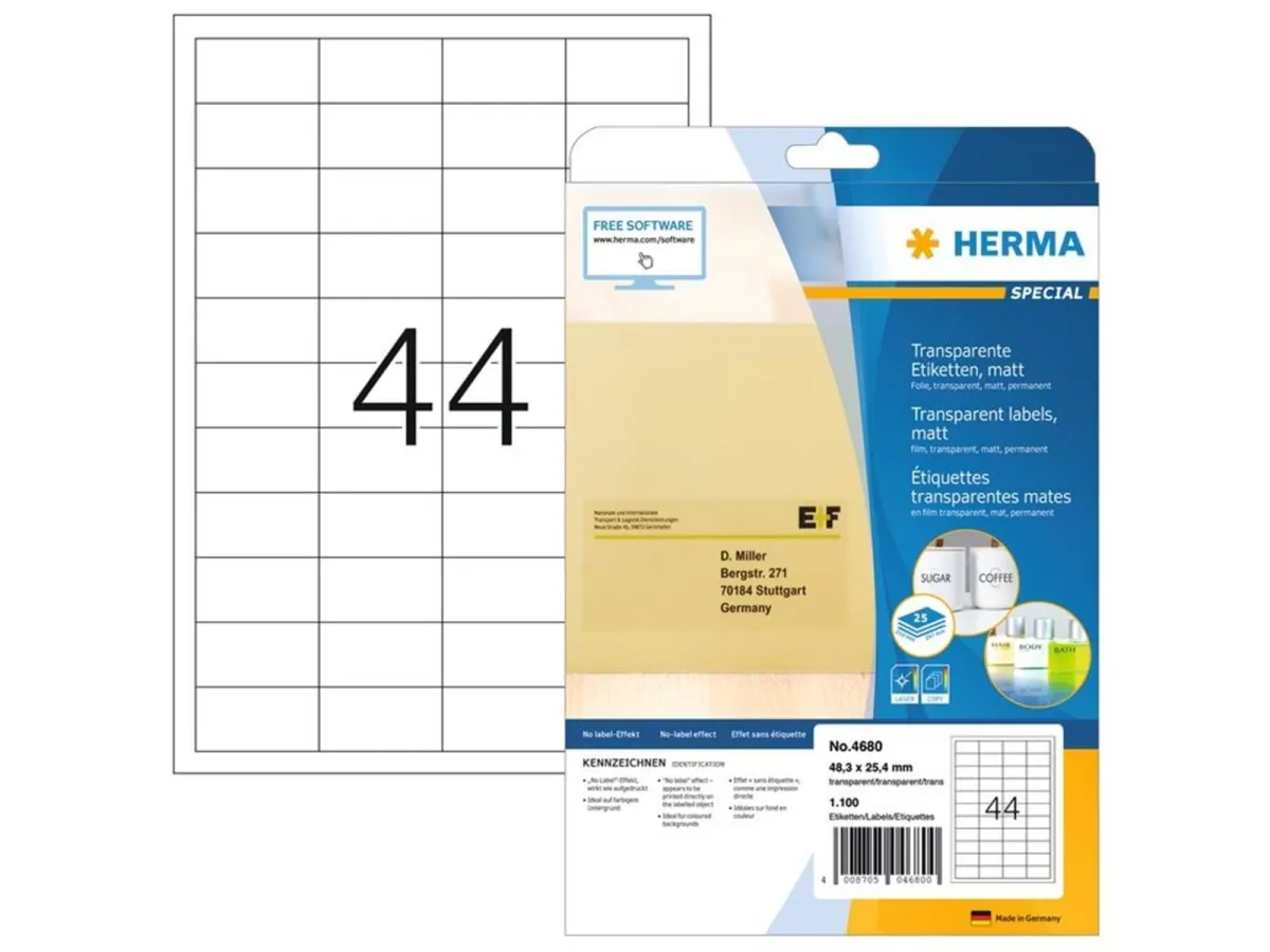 HERMA Transparente Folien-Etiketten, matt, A4, 48,3 x 25,4 mm, wetterfest, permanent haftend