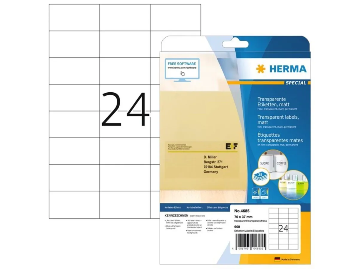 HERMA Transparente Folien-Etiketten, matt, A4, 70 x 37 mm, wetterfest, permanent haftend