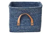 Rice Small Square Raffia Basket with Leather Handles