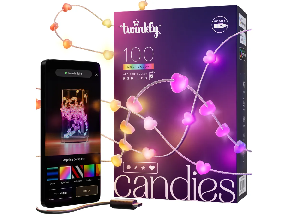 Twinkly Candies – 100 Heart-shaped RGB LEDs Clear Wire USB-C