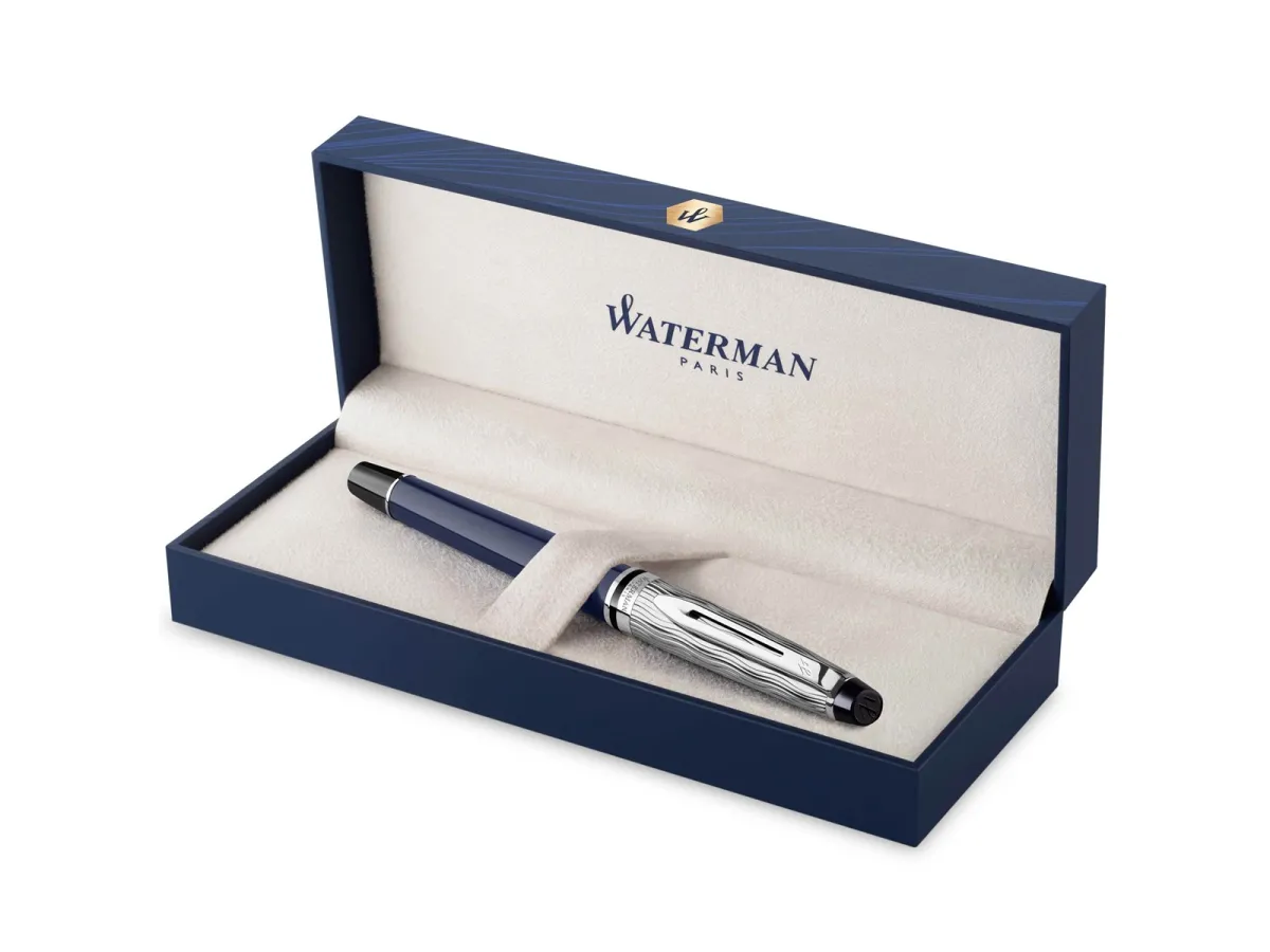 Waterman Expert Füller | Metall und blaue Lackierung | ziselierte Kappe | mittlere Feder aus Edelstahl | blaue Tinte | Geschenkbox |