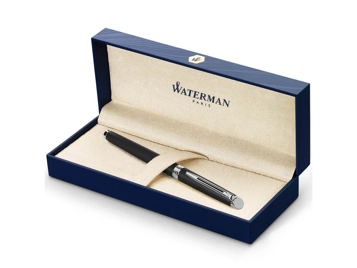 Waterman Hémisphère Füller | Mattschwarz mit Chromzierteile | Füllfederhalter mit feiner Feder | blaue Tinte | Geschenkbox