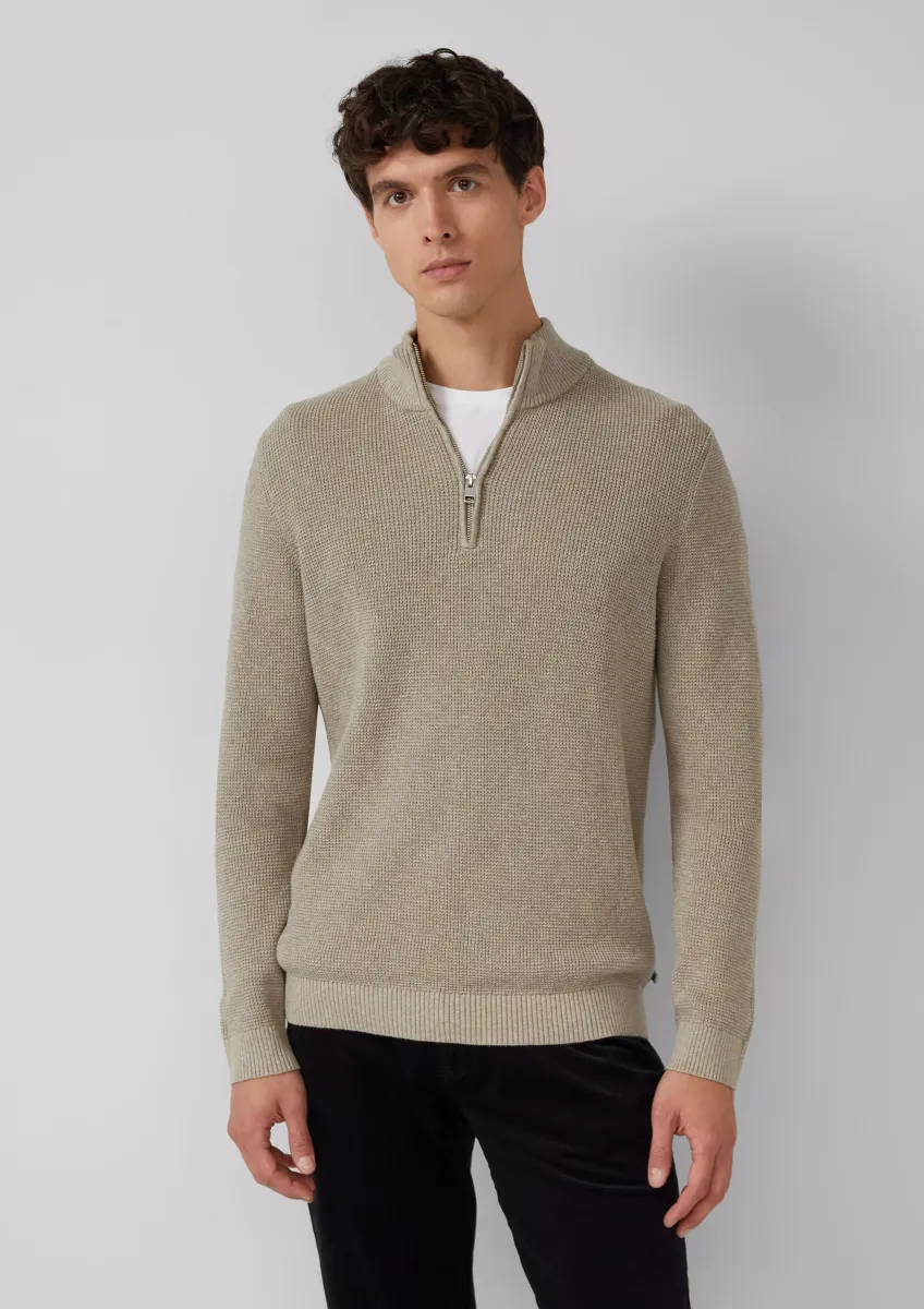Baumwoll-Pullover mit Struktur und Troyer-Kragen