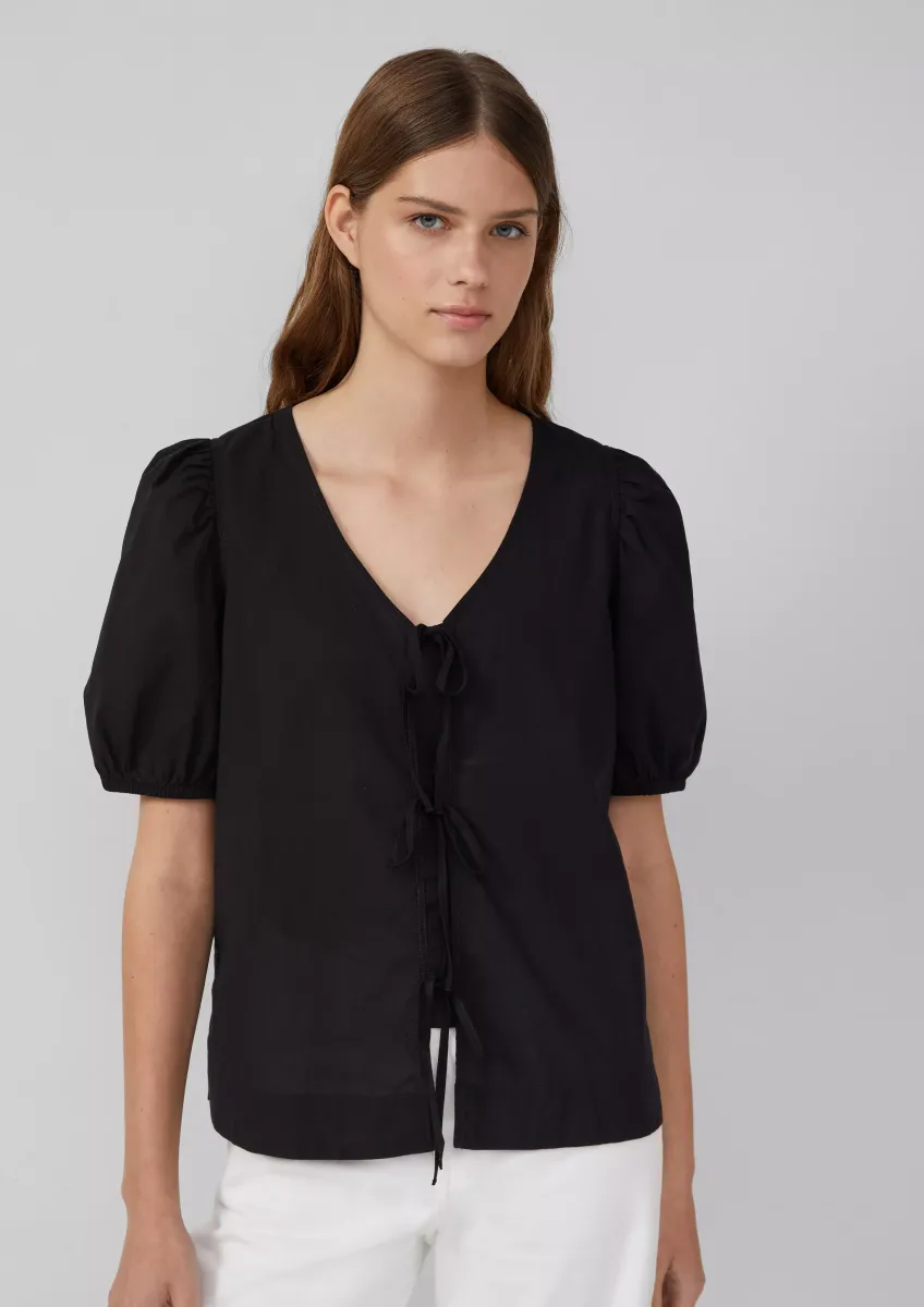 Baumwollbluse mit V-Ausschnitt und Puffärmeln