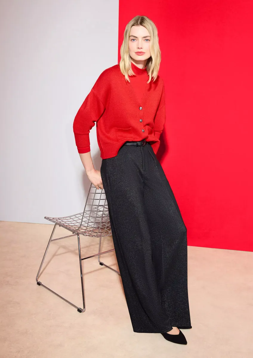 Bundfaltenhose mit Glitzergarn und integriertem Gürtel