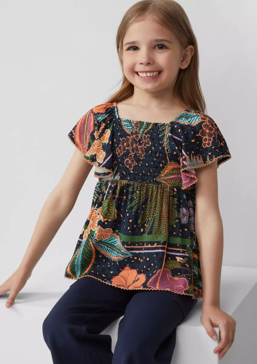 Gemusterte Bluse aus satinierter Viskose mit Smok-Detail