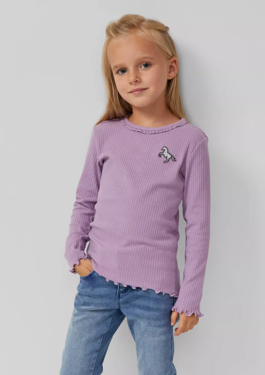 Geripptes Langarmshirt mit Spitzen- und Stickdetail