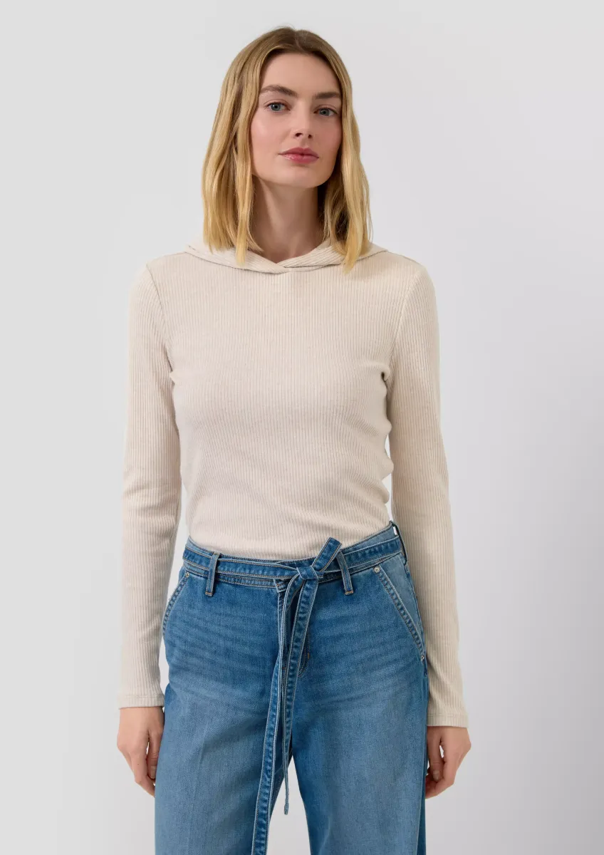 Geripptes Slim Fit Jerseyshirt mit langem Arm und Kapuze