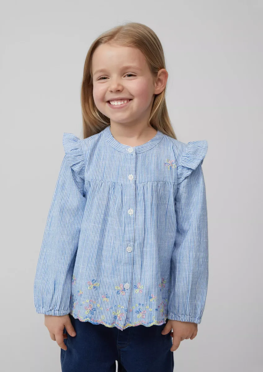 Gestreifte Baumwollbluse mit Volants und Stickereien