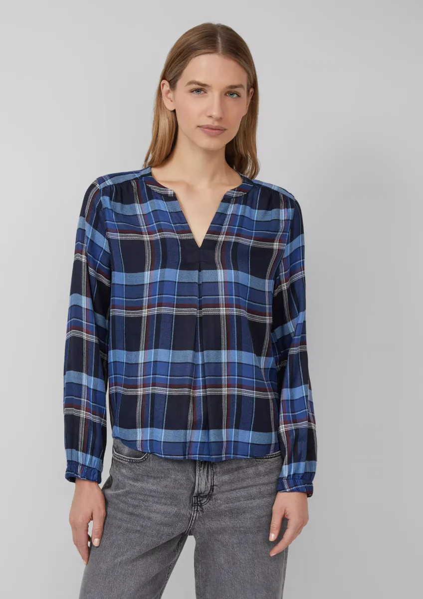 Karo-Bluse mit Faltendetail und elastischen Ärmelbündchen