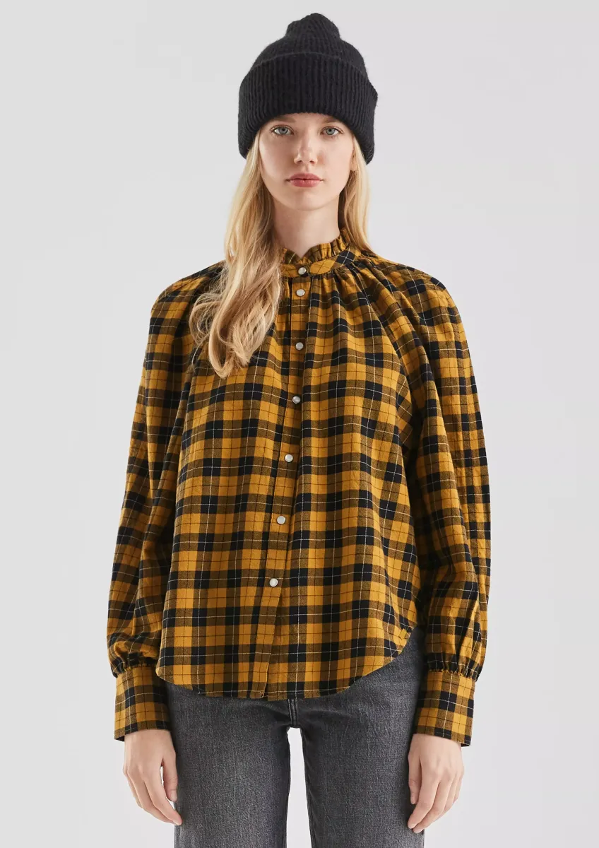 Karobluse mit Raglanärmel und Rüsche am Stehkragen