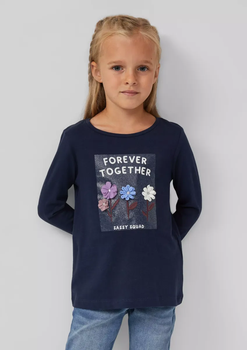 Longsleeve in A-Linie mit Glitzerprint und 3D-Blüten