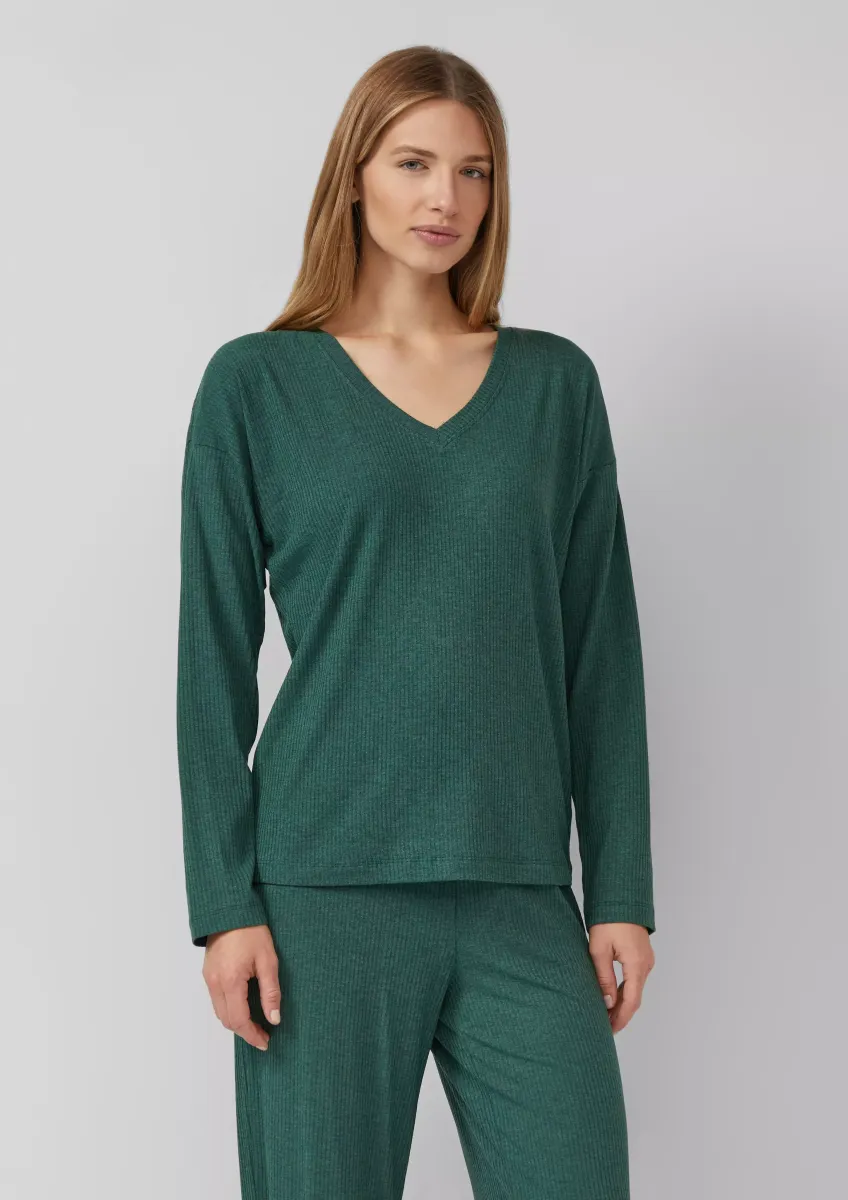 Pyjama-Oberteil mit V-Ausschnitt und Ripp-Struktur