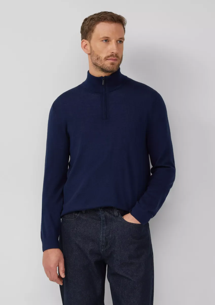 Strickpullover aus reiner Merinowolle mit Troyer-Kragen