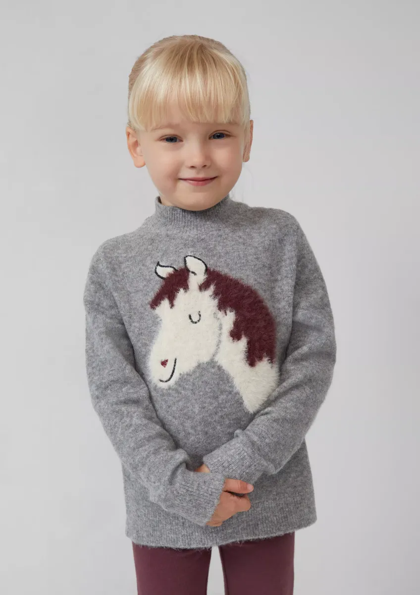 Strickpullover mit flauschigem Pferde-Motiv