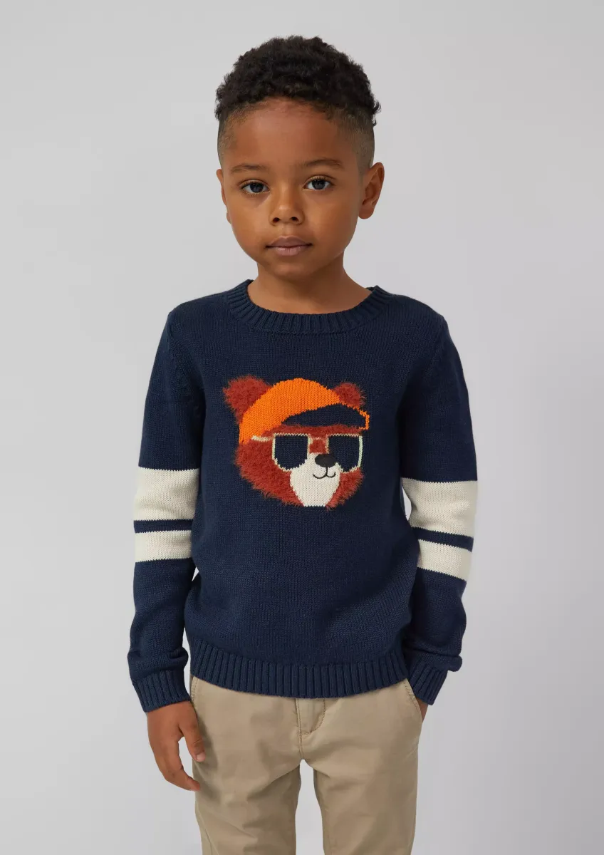 Strickpullover mit Kontraststreifen und Plüsch-Intarsien