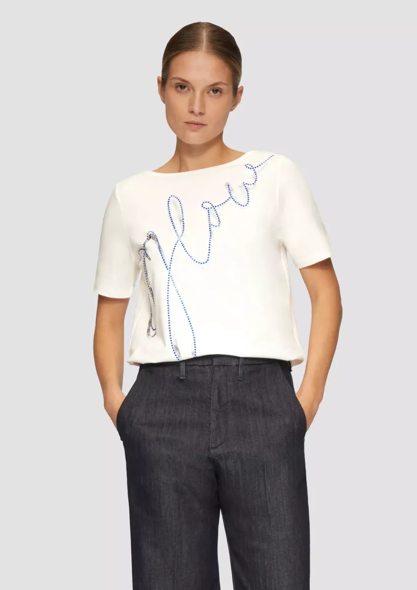 T-Shirt mit Metallic-Print und Schmucksteinen