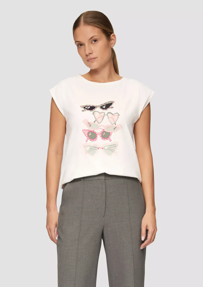 T-Shirt mit Print und Schmucksteinen