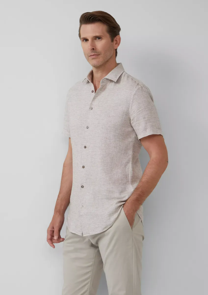 Tailored Fit: Strukturiertes Kurzarmhemd aus Leinemix