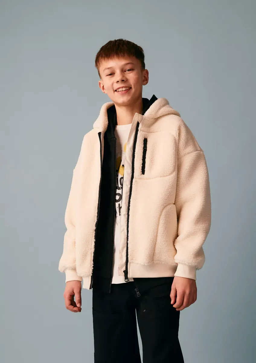 Teddyplüsch-Jacke mit Kapuze und Wording-Prägung