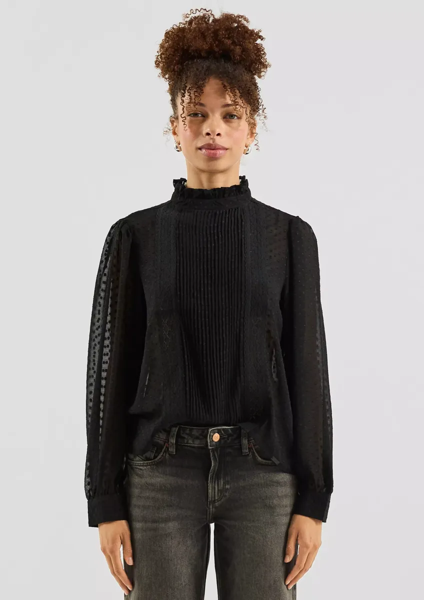 Transparente Chiffonbluse Biesen und Rüschen am Stehkragen