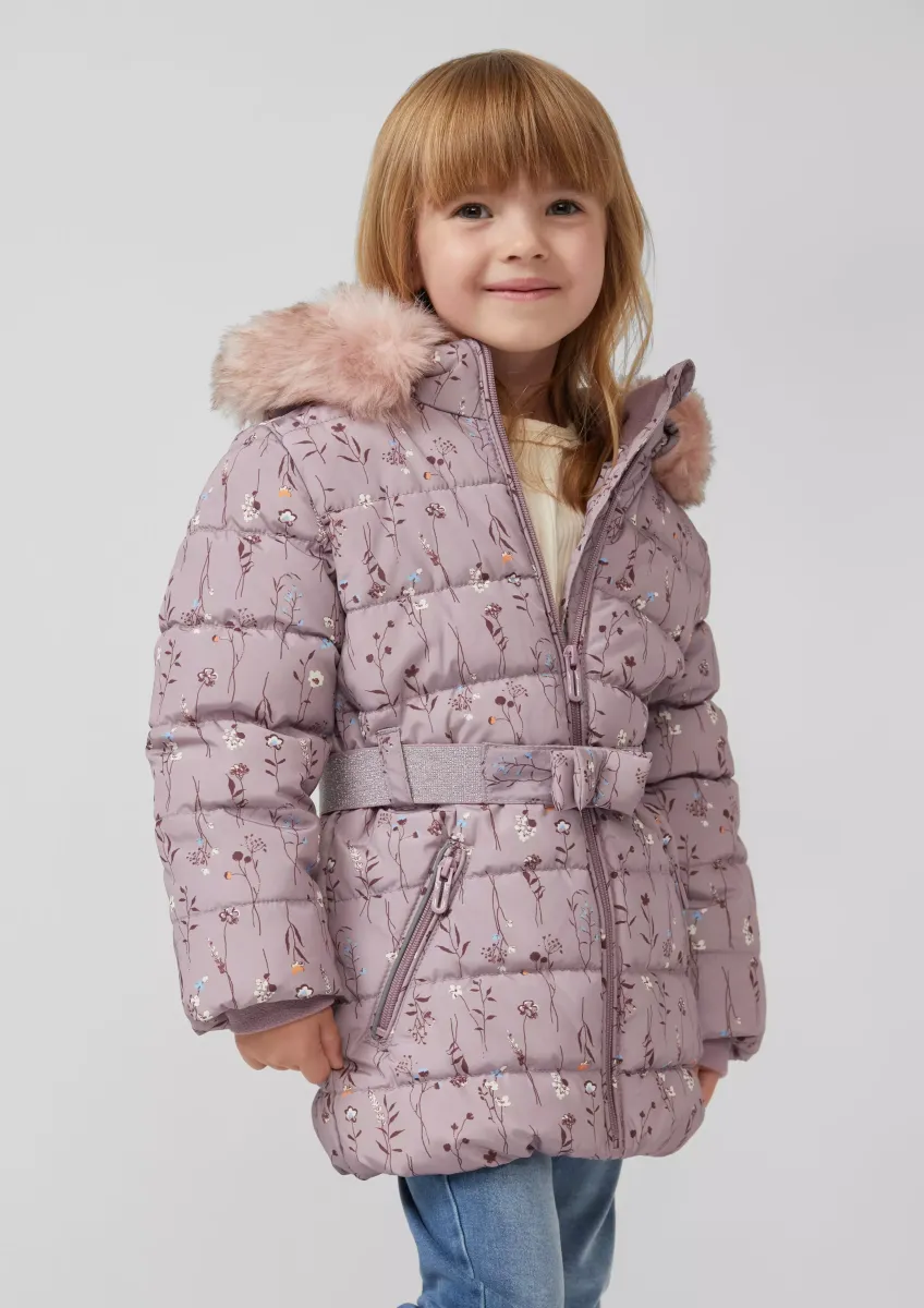 Wattierter Mantel mit Glitzergürtel und abnehmbarer Kapuze