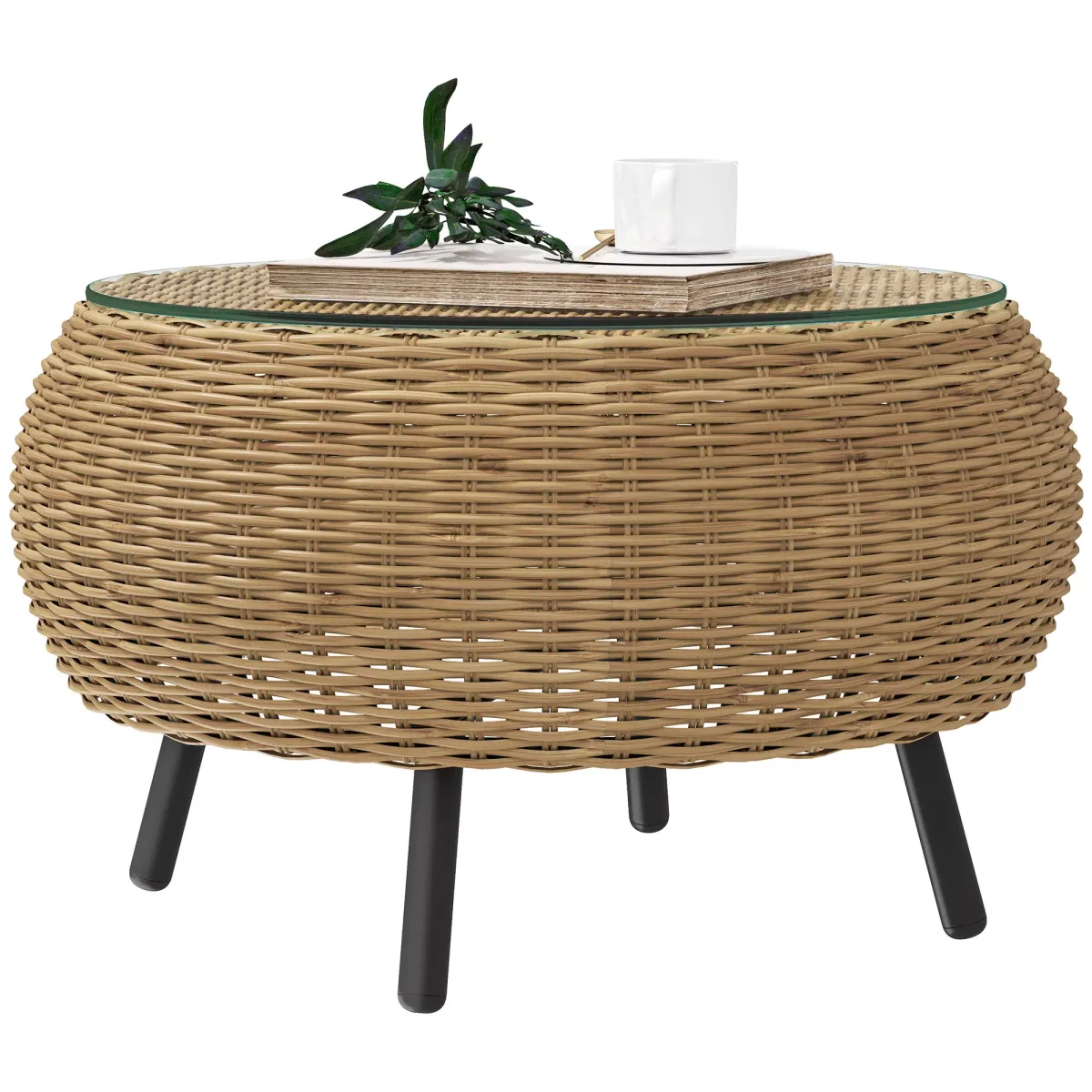 BEISTELLTISCH aus Polyrattan runder Kaffeetisch mit Glas