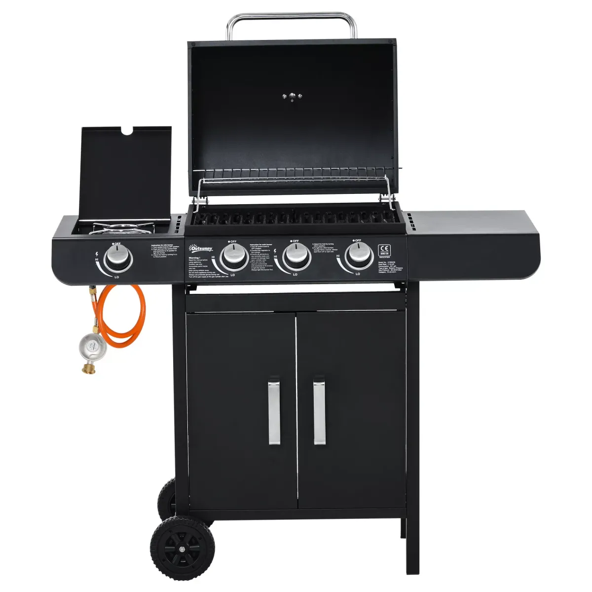 GASGRILL mit 3 Brennern 1 Seitenbrenner Stahl Schwarz 110 x 50 x 100 cm