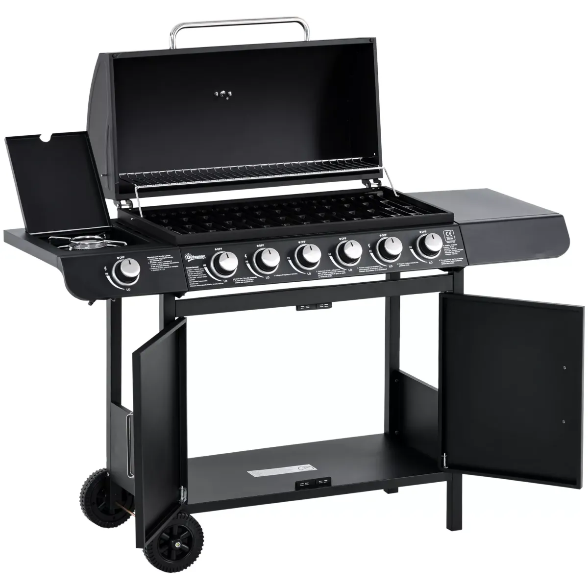 GASGRILL mit 6 Brennern 1 Seitenbrenner Schrank Multifunktion Metall Schwarz 135 x 50 x 100 cm