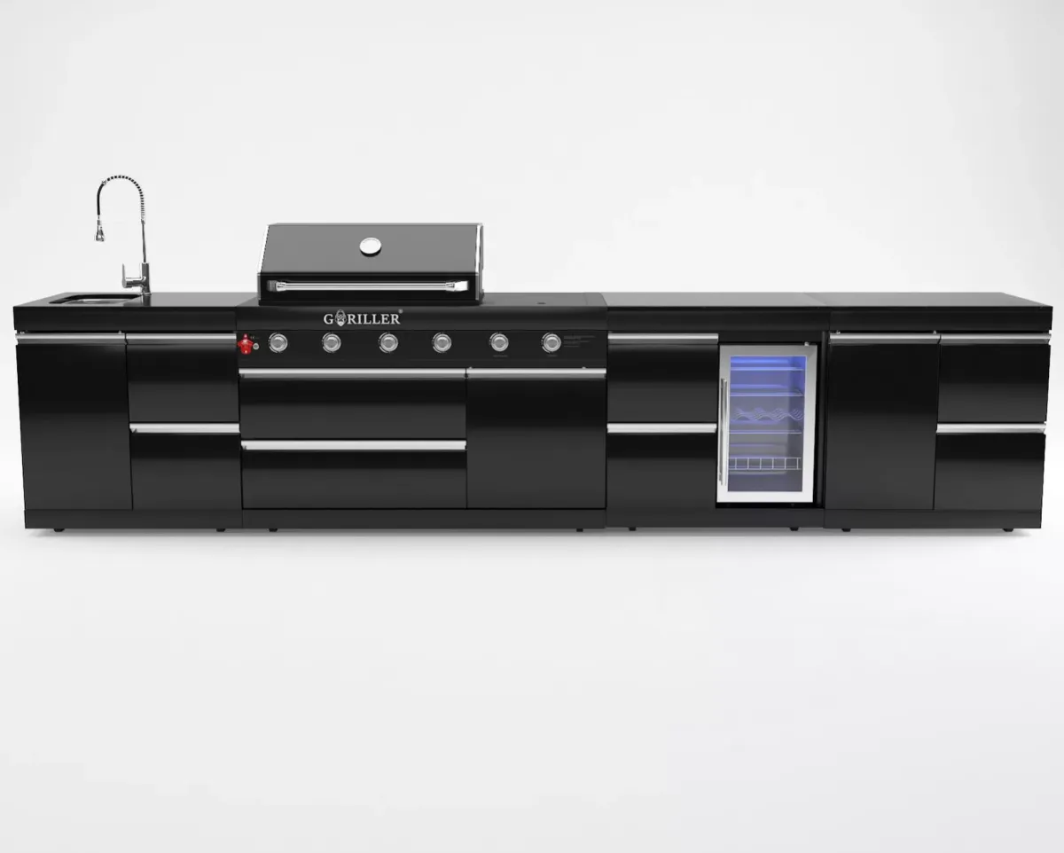 GORILLER® BLACKBACK L4 Outdoor-Küche, Gasgrill mit Kühlschrank, Waschbecken, Extra-Arbeitsfläche und Stauraum, Edelstahl, Schwarz