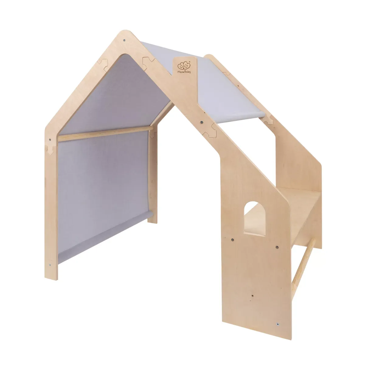 HOLZHÄUSCHEN Für Kinder mit Blauem Dach, Zarter Stoff, Spielhaus, Natur