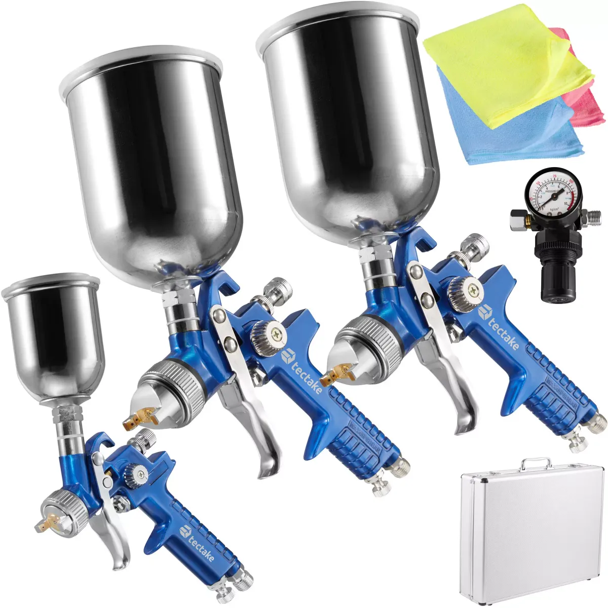 LACKIERPISTOLEN-SET Hvlp, inklusive Mikrofasertücher und Aluminiumkoffer,blau