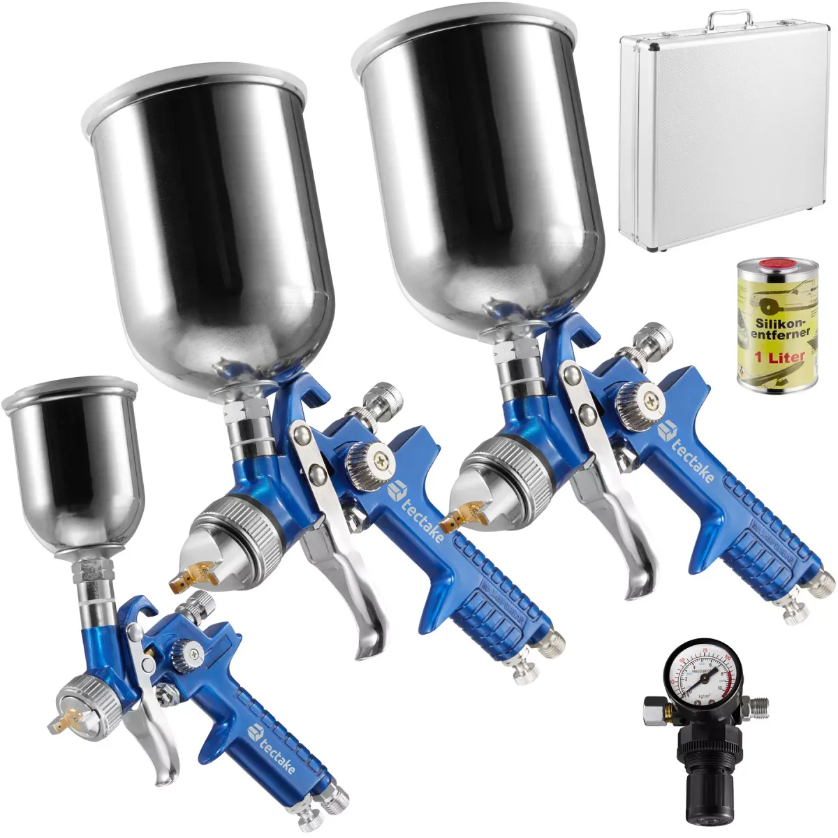 LACKIERPISTOLEN-SET Hvlp, inklusive Silikonentferner und Aluminiumkoffer,blau